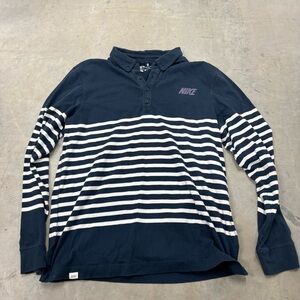 Vintage NIKE GOLF Big Logo Polo Blue/White ‎ Striped Long Sleeve Shirt Men's Med